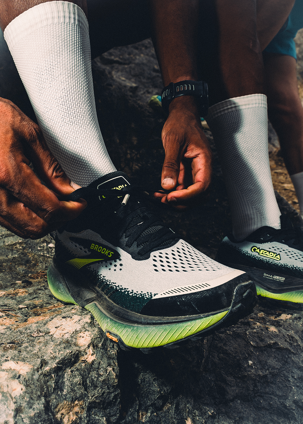 Tige mesh de la Brooks Cascadia 20 avec renfort pare-boue imprimé en 3D